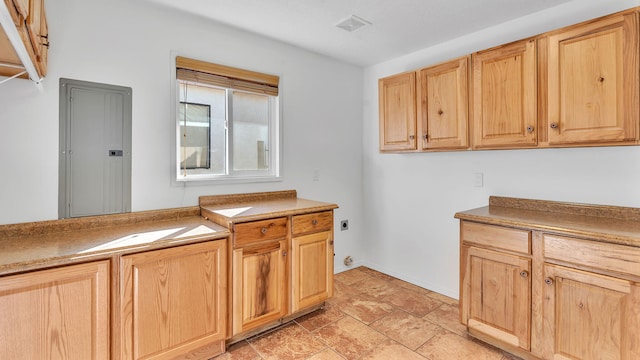 kitchen with light brown cabinetry and visible vents