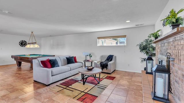 living room featuring baseboards, billiards, visible vents, and recessed lighting