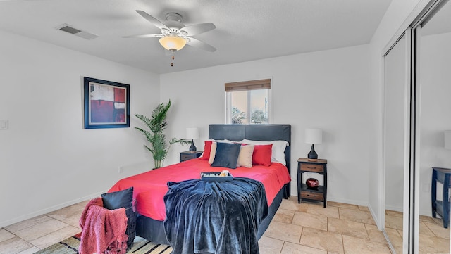 bedroom featuring a ceiling fan, a closet, visible vents, and baseboards