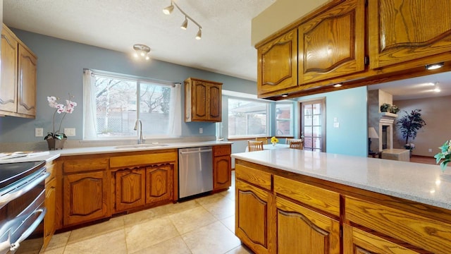 kitchen with appliances with stainless steel finishes, brown cabinets, a sink, and a fireplace with raised hearth