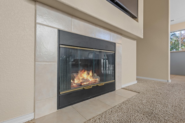 details featuring carpet floors, a fireplace, and baseboards