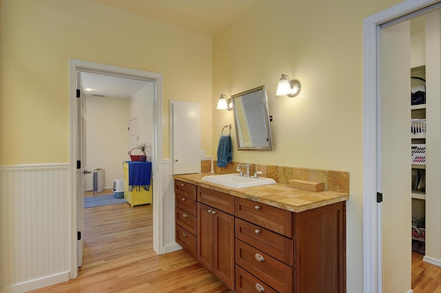 bathroom with wainscoting, vanity, and wood finished floors