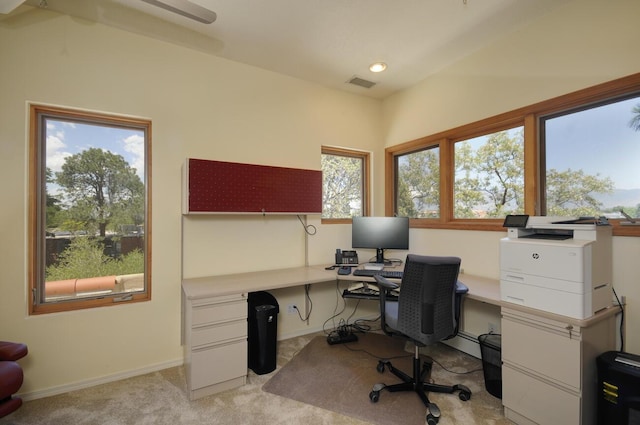 home office with light carpet, baseboards, visible vents, and recessed lighting