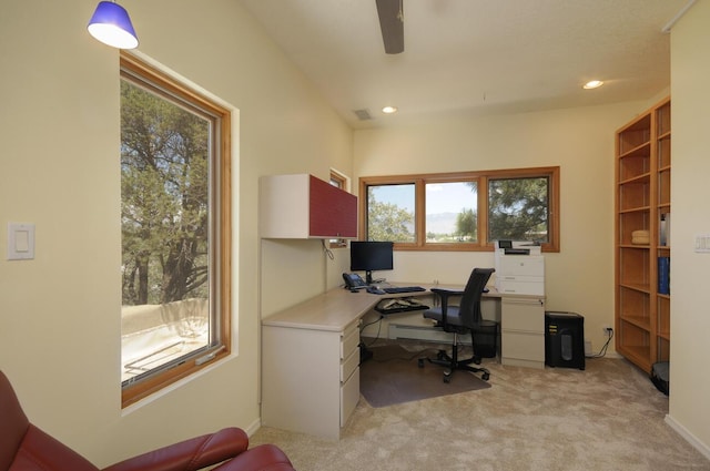 office area with a ceiling fan, recessed lighting, light colored carpet, and visible vents