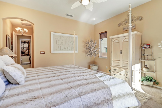 9316 Iron Creek Ln NW, Albuquerque, NM 87120 - carpeted bedroom featuring arched walkways, a ceiling fan, and recessed lighting