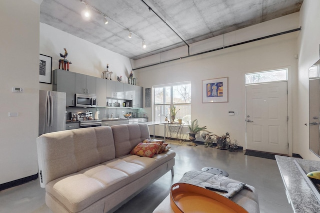 living room featuring a high ceiling and finished concrete floors