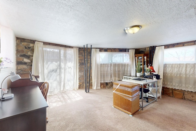 carpeted home office featuring a textured ceiling