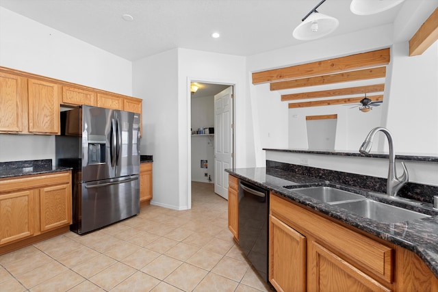 kitchen with black dishwasher, stainless steel refrigerator with ice dispenser, light tile patterned floors, a sink, and beamed ceiling