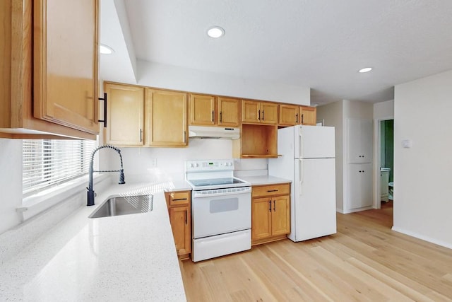 kitchen with recessed lighting, light wood-style flooring, a sink, white appliances, and under cabinet range hood