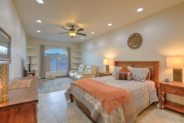 bedroom with light tile patterned floors, ceiling fan, and recessed lighting