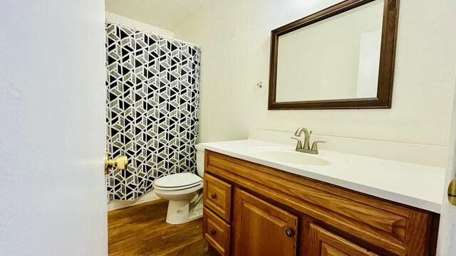 bathroom featuring a shower with shower curtain, vanity, toilet, and wood finished floors