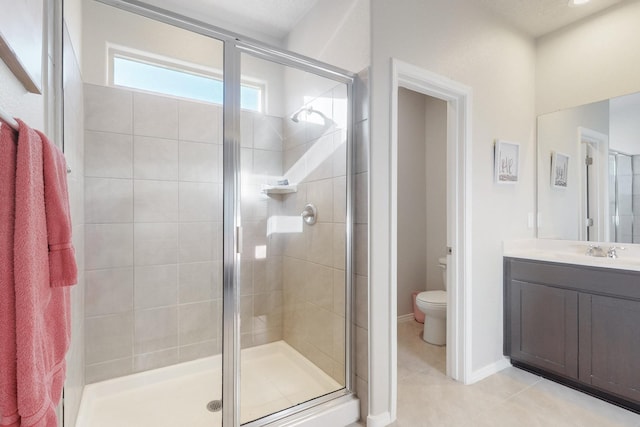 full bath featuring vanity, a shower stall, toilet, and tile patterned floors