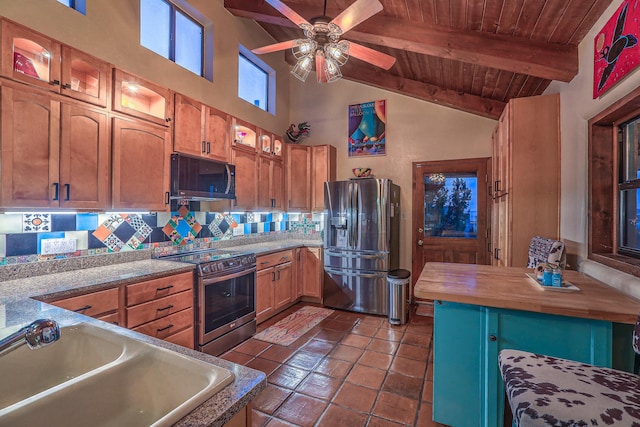 kitchen featuring decorative backsplash, wooden ceiling, beamed ceiling, stainless steel appliances, and a sink