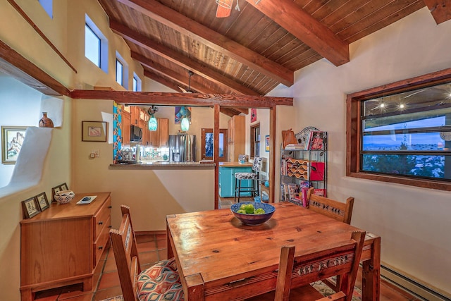 dining space with a baseboard radiator, lofted ceiling with beams, a ceiling fan, tile patterned flooring, and wooden ceiling