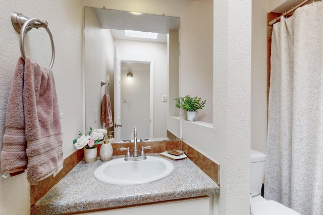 bathroom featuring toilet, a skylight, and vanity