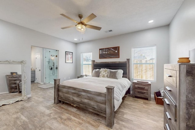 bedroom featuring recessed lighting, visible vents, ceiling fan, and baseboards