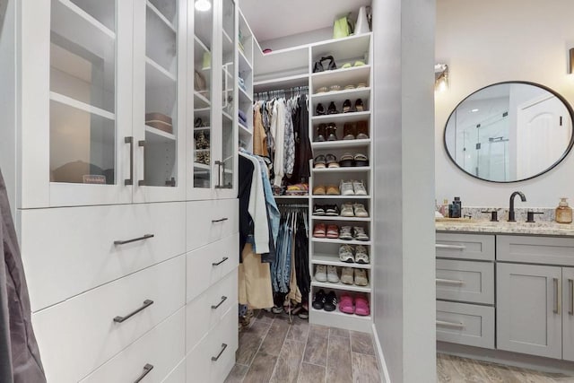 spacious closet featuring a sink and wood finish floors