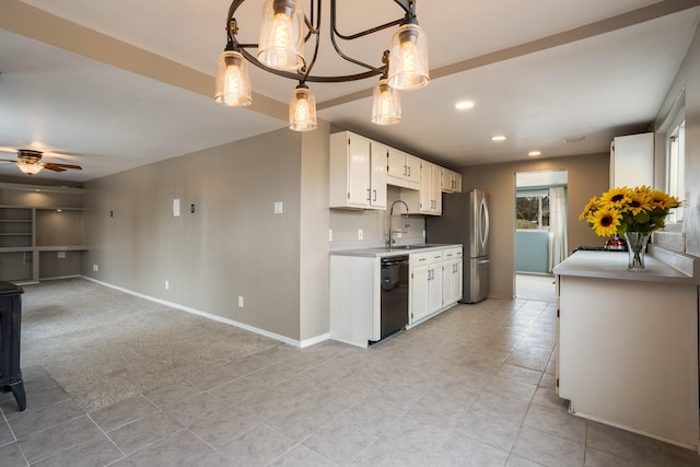 kitchen with black dishwasher, recessed lighting, light countertops, white cabinets, and baseboards