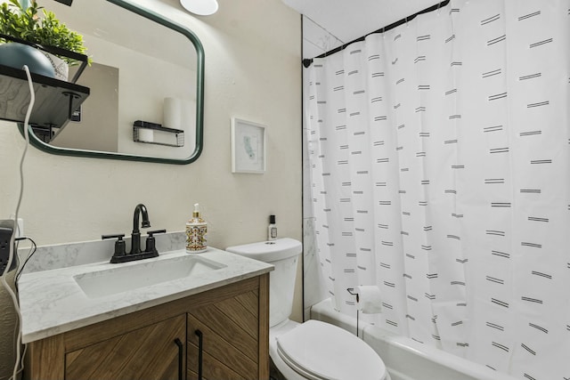 bathroom with toilet, shower / tub combo, and vanity