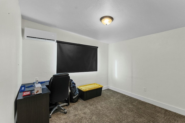 carpeted office featuring an AC wall unit and baseboards