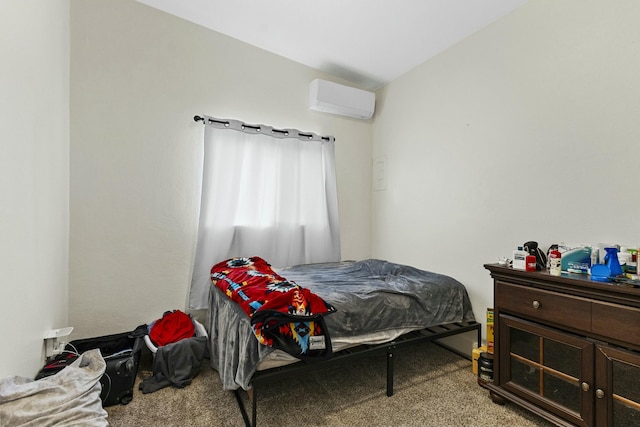 carpeted bedroom featuring vaulted ceiling and a wall mounted AC