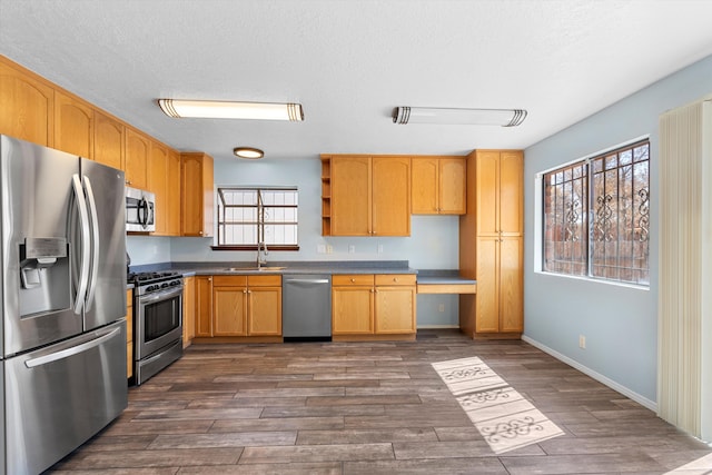 kitchen featuring dark wood-style flooring, appliances with stainless steel finishes, open shelves, and a sink