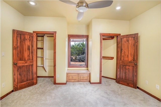 unfurnished bedroom with recessed lighting, baseboards, light carpet, and ceiling fan