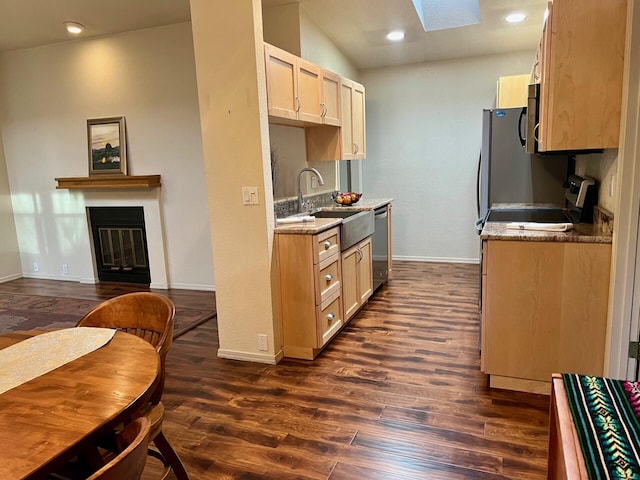 kitchen with dark wood-type flooring, a skylight, a sink, appliances with stainless steel finishes, and a glass covered fireplace