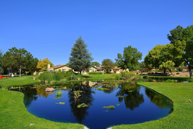 view of property's community with a water view and a yard