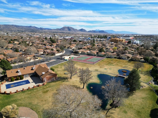 aerial view featuring a mountain view and a residential view