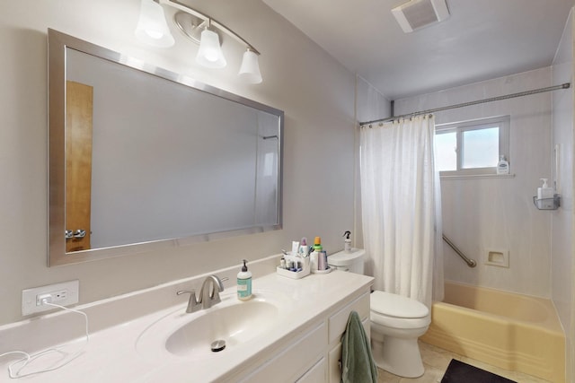 bathroom with visible vents, toilet, shower / tub combo with curtain, tile patterned floors, and vanity