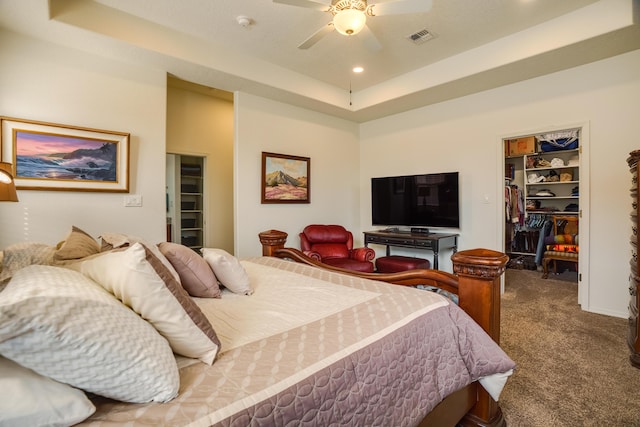 bedroom featuring a tray ceiling, a closet, carpet floors, and a spacious closet