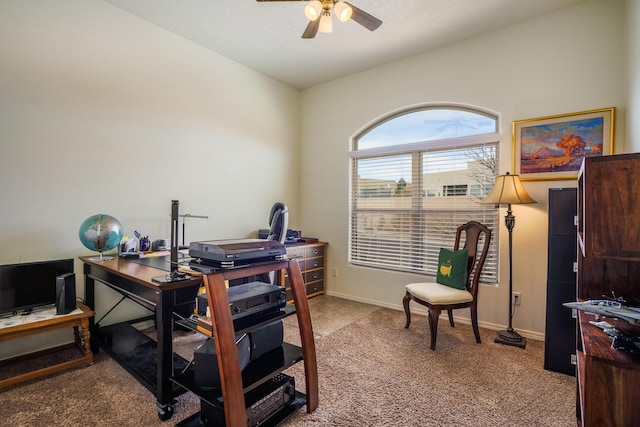 office space featuring baseboards, a textured ceiling, a ceiling fan, and carpet