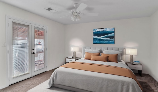 bedroom featuring visible vents, a ceiling fan, access to exterior, french doors, and carpet floors