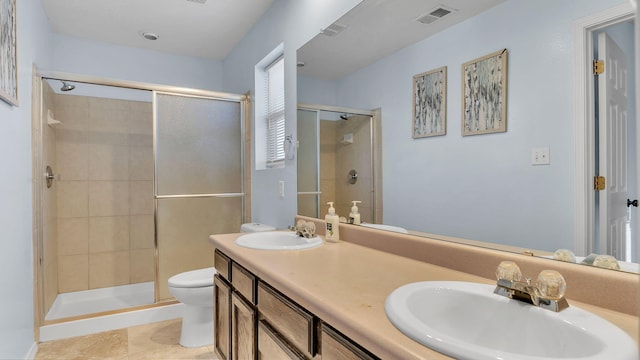 full bathroom with toilet, a shower stall, visible vents, and a sink