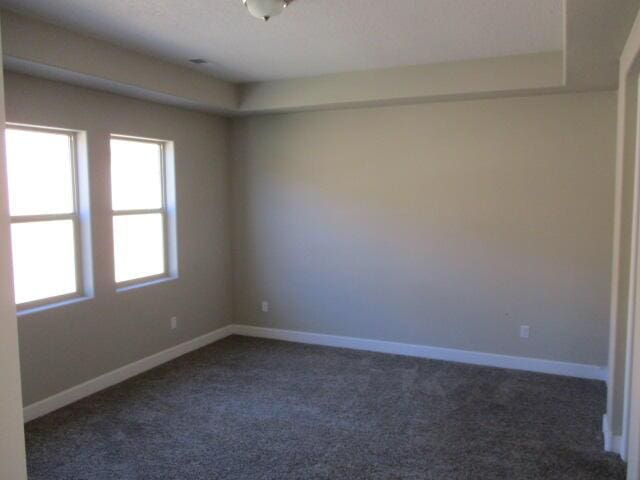 spare room featuring baseboards and dark carpet