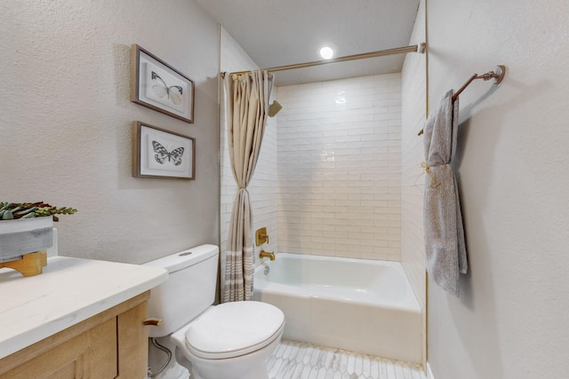 bathroom with toilet, shower / bath combo, and a textured wall