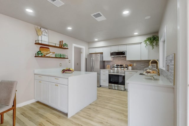 kitchen featuring backsplash, light wood-type flooring, appliances with stainless steel finishes, a peninsula, and white cabinets