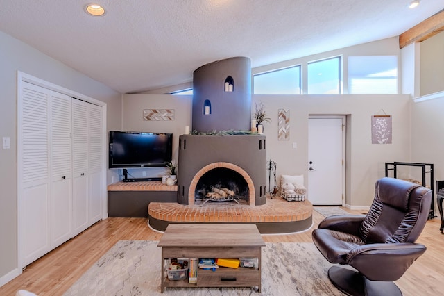 living room featuring lofted ceiling, a fireplace, a textured ceiling, and wood finished floors