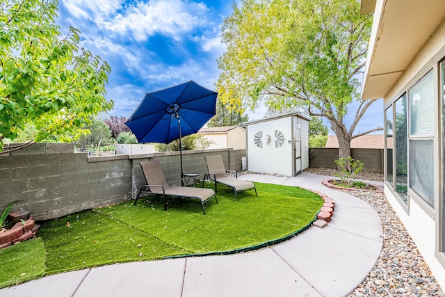 view of yard with a fenced backyard, an outdoor structure, and a shed