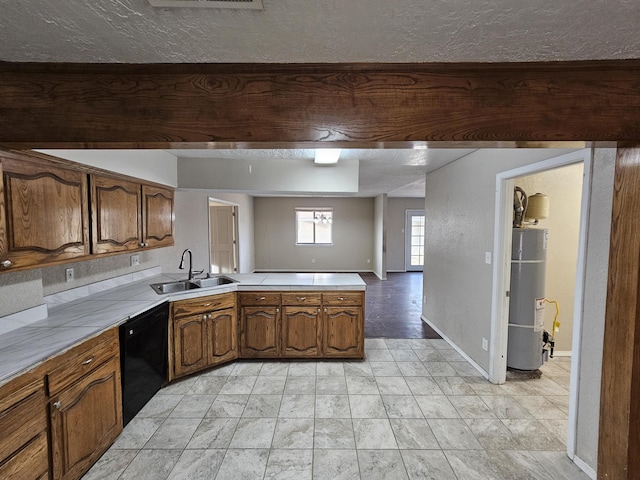 kitchen featuring dishwasher, water heater, brown cabinets, a peninsula, and a sink