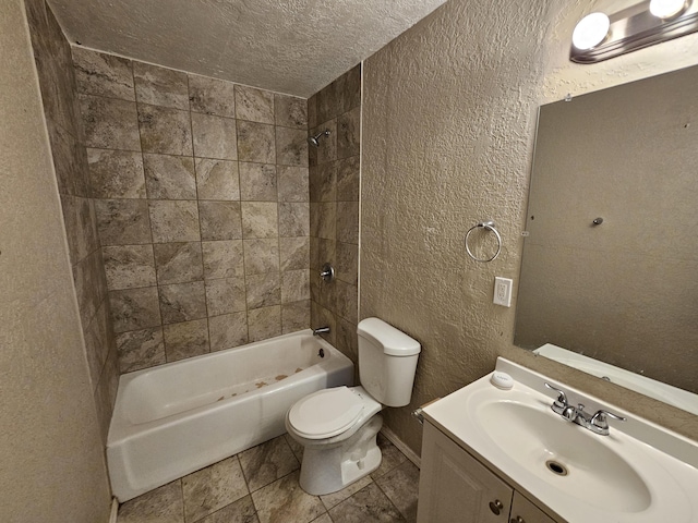 full bathroom with vanity, a textured ceiling, shower / bath combination, toilet, and a textured wall