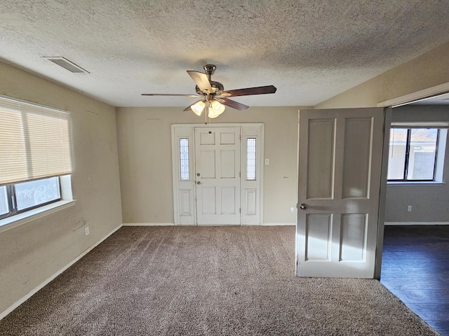 carpeted entrance foyer featuring a textured ceiling, a healthy amount of sunlight, visible vents, and baseboards