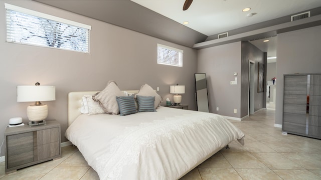 bedroom with light tile patterned floors, baseboards, visible vents, and recessed lighting