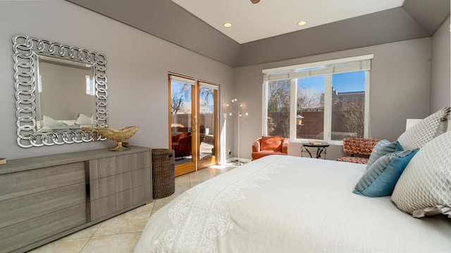 bedroom with access to exterior, recessed lighting, and light tile patterned flooring