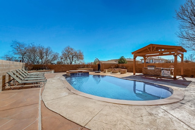 view of pool featuring a gazebo, a fenced backyard, a fenced in pool, and a patio