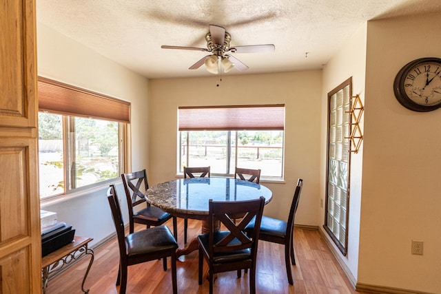 dining room featuring a ceiling fan, light wood-type flooring, a healthy amount of sunlight, and a textured ceiling