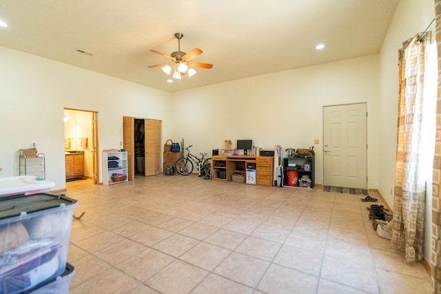 miscellaneous room with a ceiling fan, recessed lighting, visible vents, and light tile patterned floors