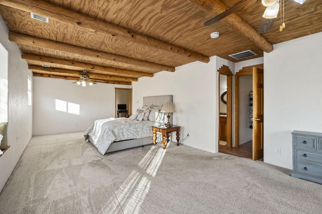 bedroom with carpet floors, wooden ceiling, visible vents, and beamed ceiling