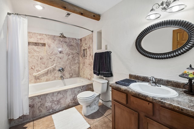 bathroom featuring visible vents, toilet, shower / bath combo, beamed ceiling, and tile patterned floors